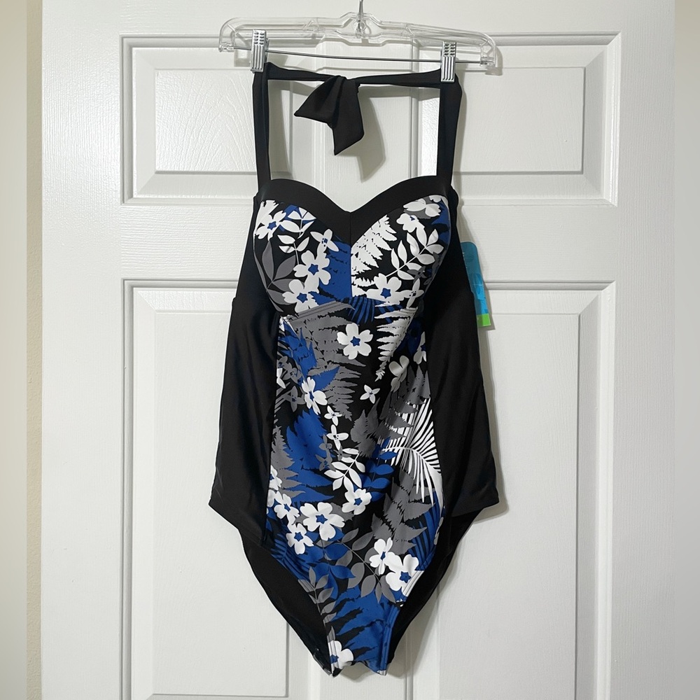 Tropical Escape Women's Floral Blue and Black Swimsuit Size 18W - Picture 3 of 12